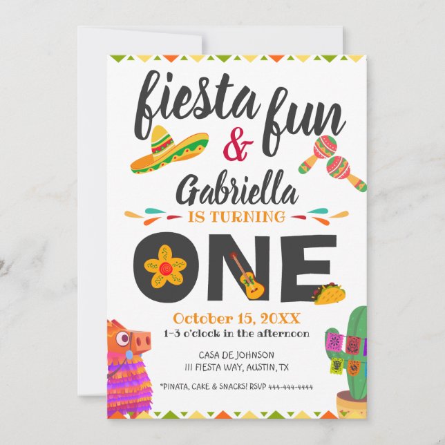 Invitación Primer cumpleaños de la Fiesta de Estilo Mexicano  (Anverso)