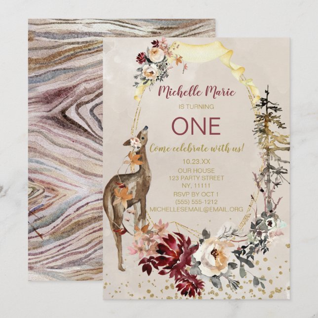 Invitación Primer cumpleaños de la flor de ciervo de Woodland (Anverso / Reverso)