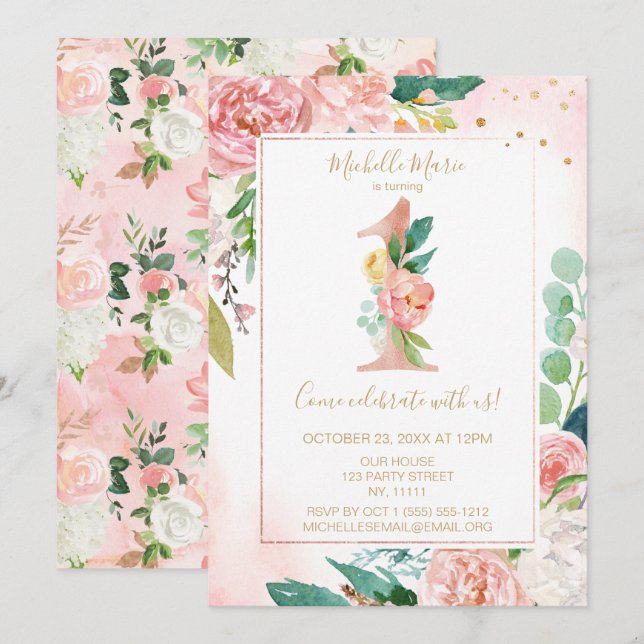 Invitación Primer cumpleaños de la flor rosada y dorada de la (Anverso / Reverso)