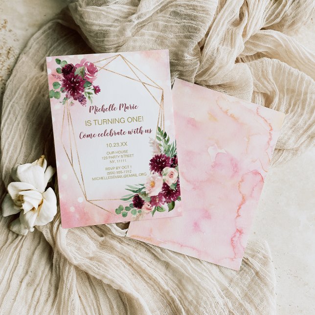 Invitación Primer cumpleaños de la floral dorada y rosa de vi (Subido por el creador)