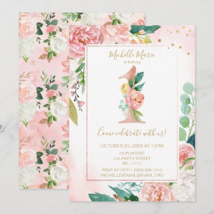 Invitación Primer cumpleaños de la floral Princesa Rosa y Oro