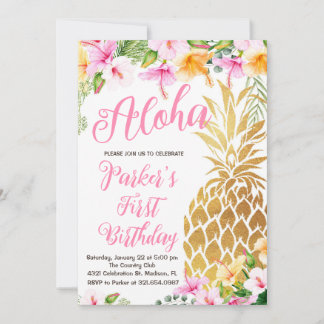 Invitación Primer cumpleaños de la floral rosa Rubor Aloha Pi