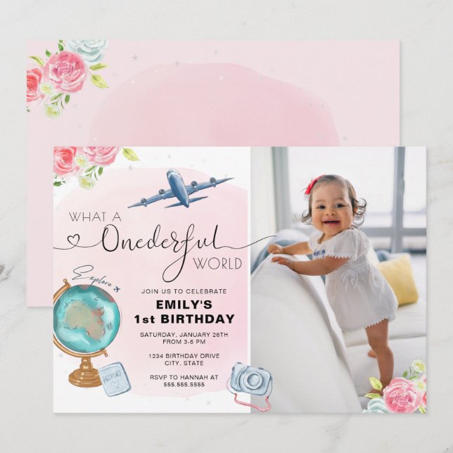 Invitación Primer cumpleaños de la foto de Pink ONEMaravillos (Anverso / Reverso)