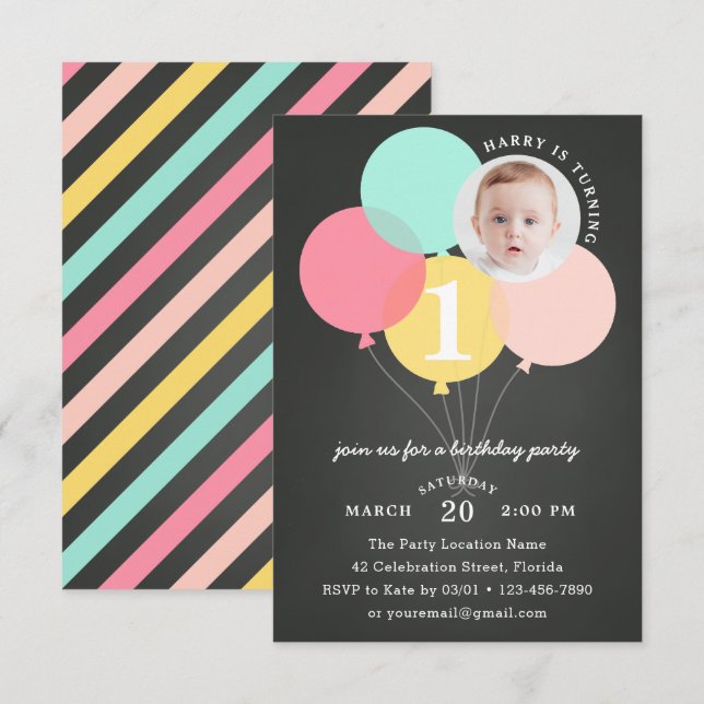 Invitación Primer cumpleaños de la foto de Rustic Chalkboard  (Anverso / Reverso)