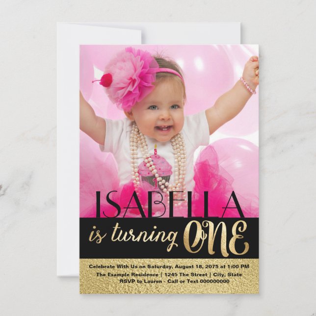 Invitación Primer cumpleaños de la foto en negro y oro (Anverso)
