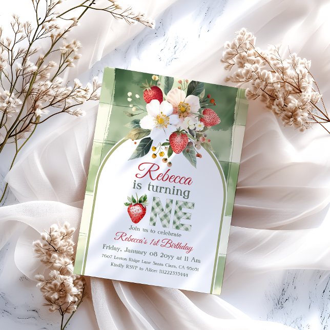 Invitación Primer cumpleaños de la fresa roja verde rusa (Subido por el creador)