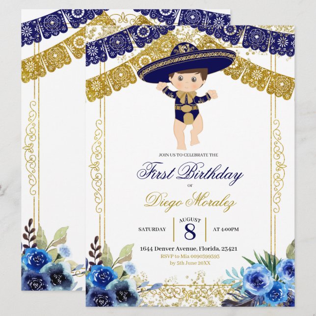 Invitación Primer cumpleaños de la Marina Mexicana Blue and G (Anverso / Reverso)