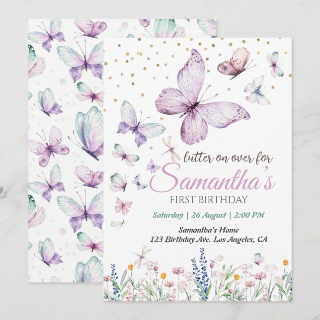 Invitación Primer cumpleaños de la mariposa (Anverso / Reverso)
