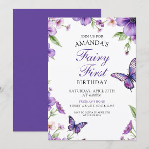 Invitación Primer cumpleaños de la mariposa floral púrpura de