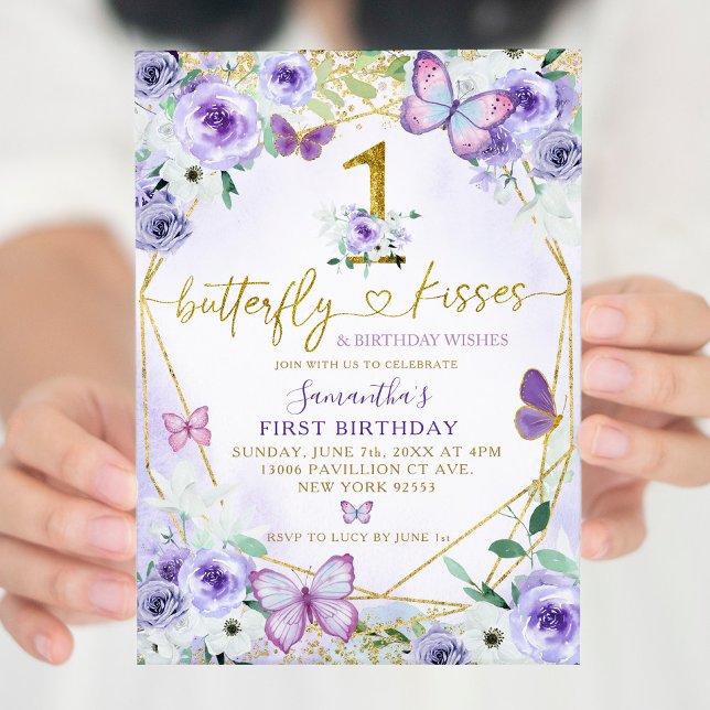 Invitación Primer cumpleaños de la mariposa geométrica púrpur (Subido por el creador)