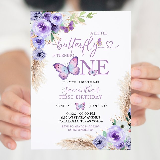 Invitación Primer cumpleaños de la mariposa púrpura minimalis (Subido por el creador)