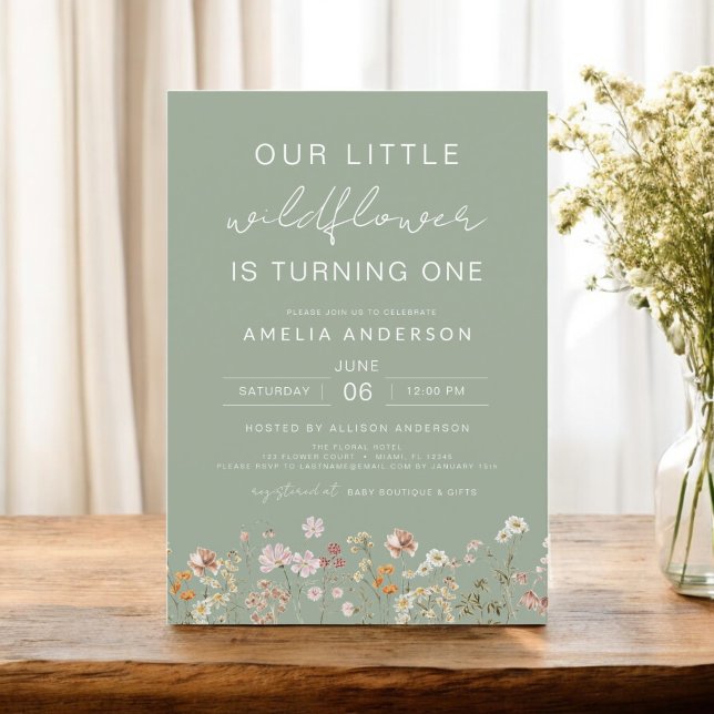 Invitación Primer cumpleaños de la Moda Sage Green Wildflower (Subido por el creador)