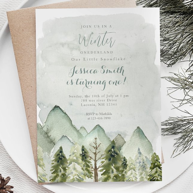 Invitación Primer cumpleaños de la montaña Winter Forest (Subido por el creador)