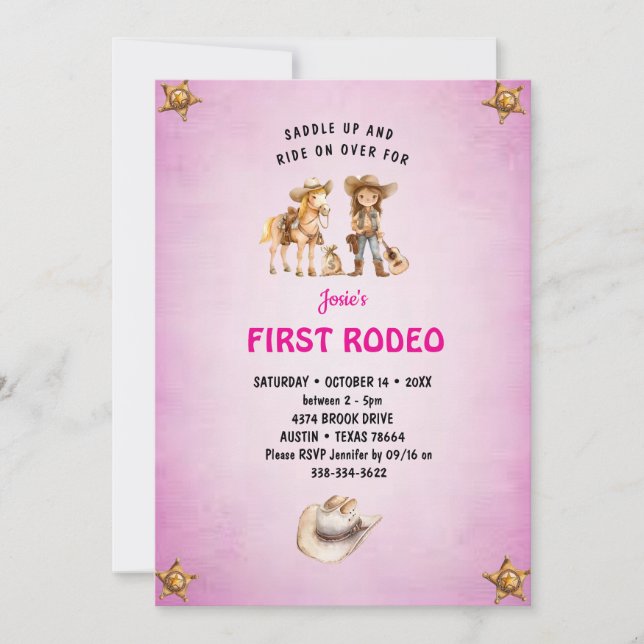 Invitación Primer cumpleaños de la niña de rodeo (Anverso)