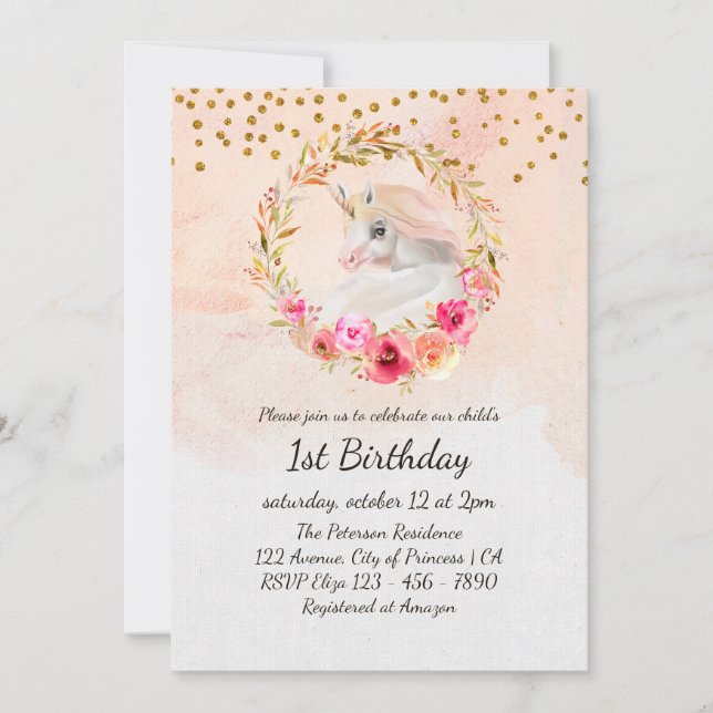 Invitación Primer cumpleaños de la niña rosa Purpurina de oro (Anverso)