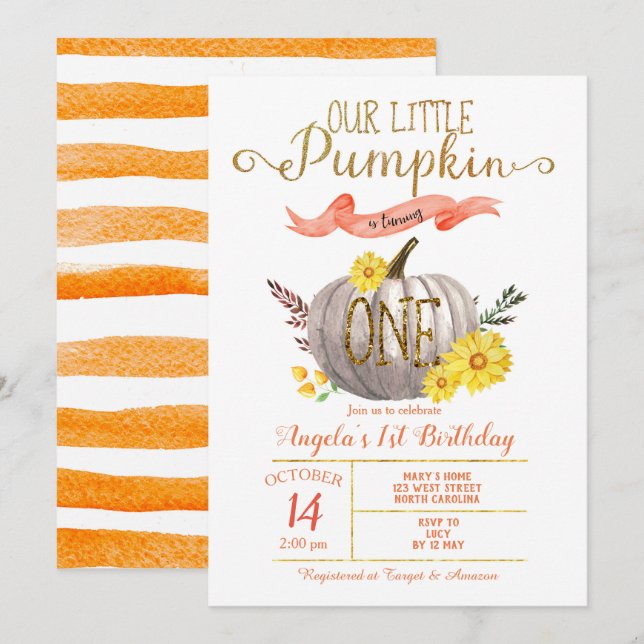 Invitación Primer cumpleaños de la pequeña calabaza (Anverso / Reverso)
