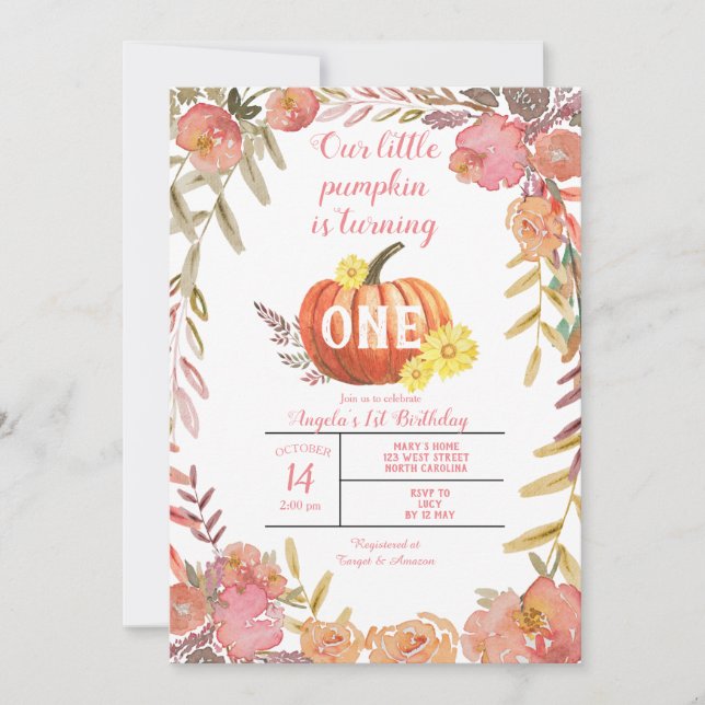 Invitación Primer cumpleaños de la pequeña calabaza floral rú (Anverso)