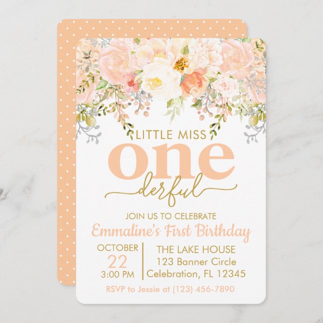 Invitación Primer cumpleaños de la pequeña Miss OneMaravillos (Anverso / Reverso)