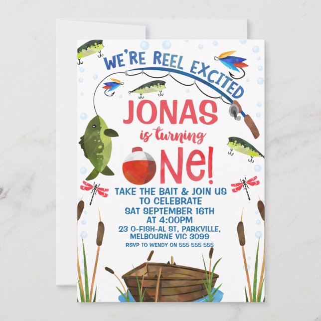 Invitación Primer cumpleaños de la pesca entusiasta de los pe (Anverso)