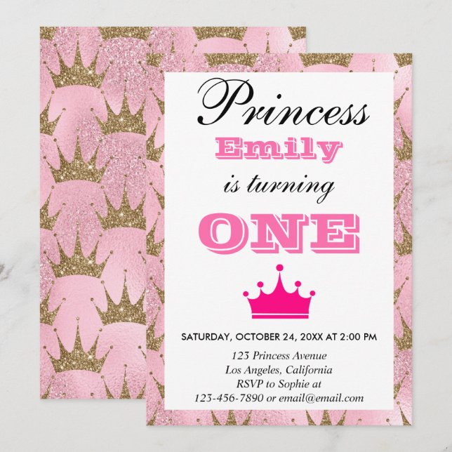 Invitación Primer cumpleaños de la princesa Girly Pink & Gold (Anverso / Reverso)
