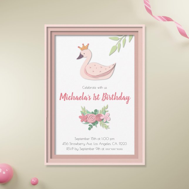 Invitación Primer cumpleaños de la princesa rosa Swan Floral  (Subido por el creador)
