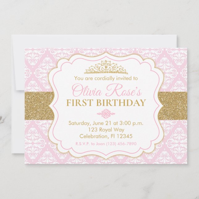 Invitación Primer cumpleaños de la Princesa Rosa y Oro (Anverso)