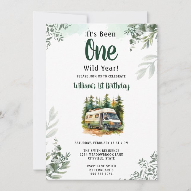 Invitación Primer cumpleaños de la Selva Montaña de un Camper (Anverso)