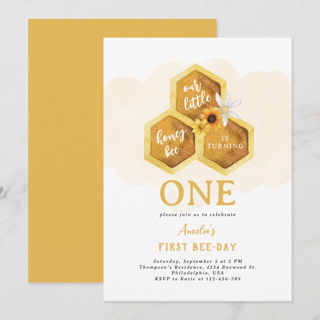 Invitación Primer cumpleaños de la Sencilla Abeja del Girasol (Anverso / Reverso)