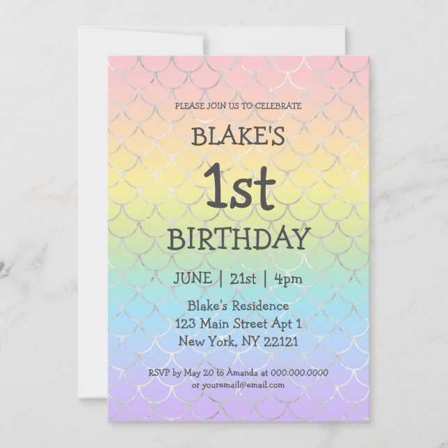 Invitación Primer cumpleaños de la sirena arcoiris chica (Anverso)