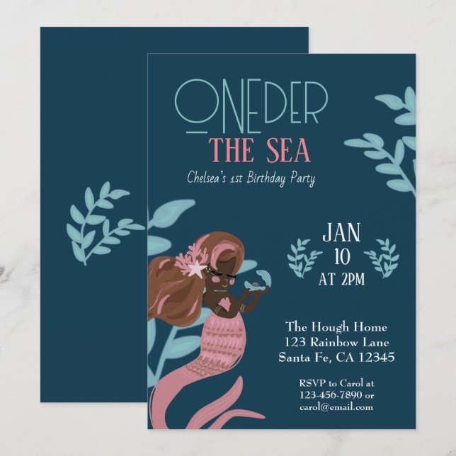 Invitación Primer cumpleaños de la sirena de bonito (Anverso / Reverso)