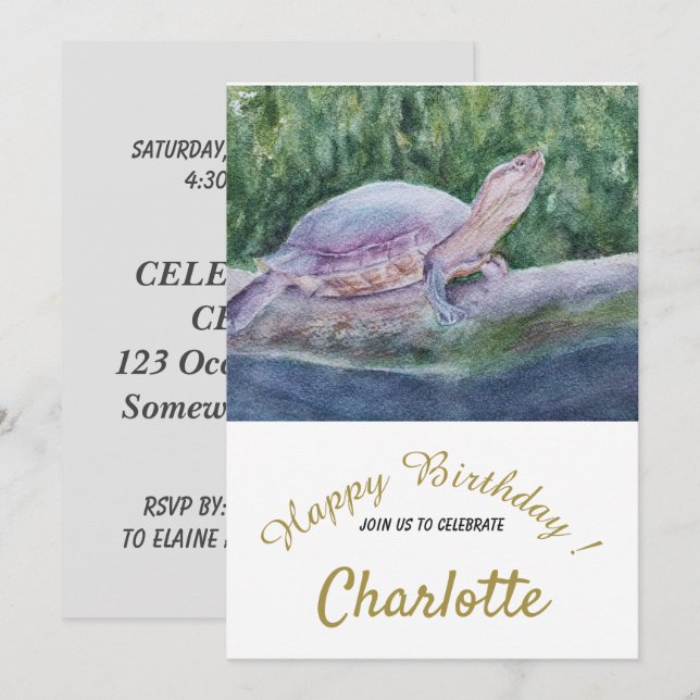 Invitación Primer cumpleaños de la tortuga bebé (Anverso / Reverso)