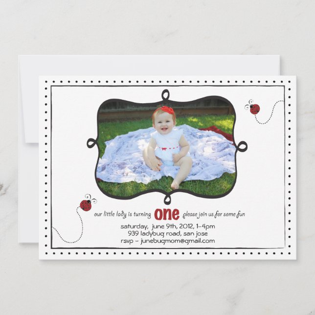 Invitación Primer cumpleaños de Lady Bug (Anverso)