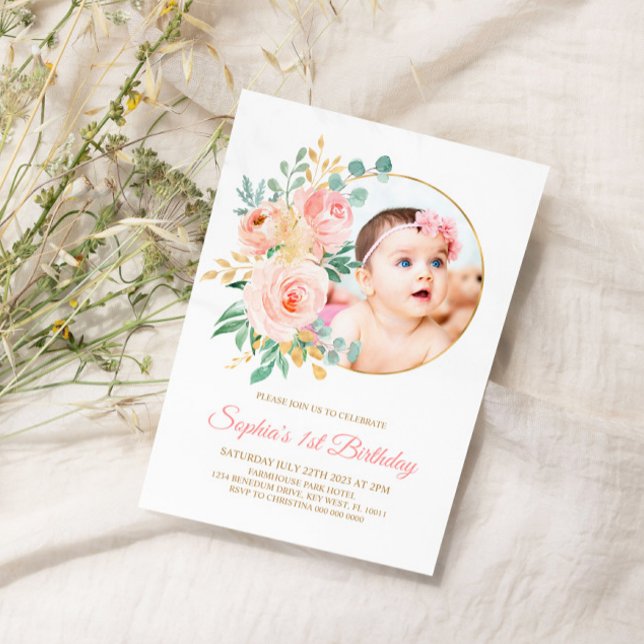 Invitación Primer cumpleaños de las flores rosadas y el bebé  (Subido por el creador)