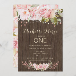 Invitación Primer cumpleaños de las luces rusticas rosadas
