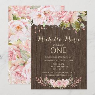 Invitación Primer cumpleaños de las luces rusticas rosadas