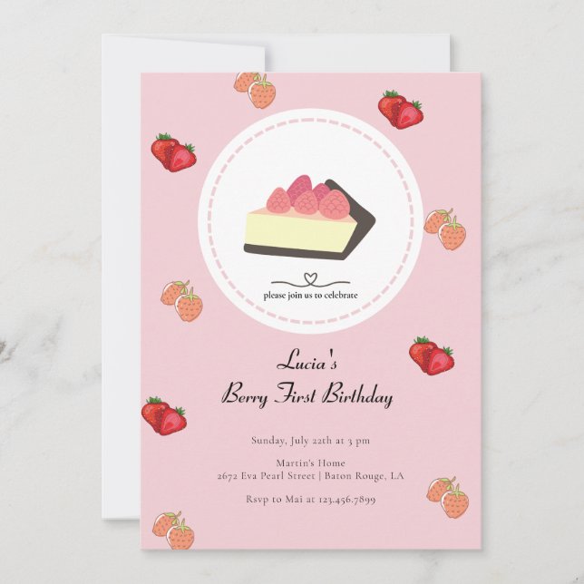 Invitación Primer cumpleaños de Light Pink Berry First Chica (Anverso)
