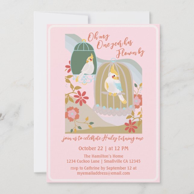 Invitación Primer cumpleaños de Little Bird Pink (Anverso)