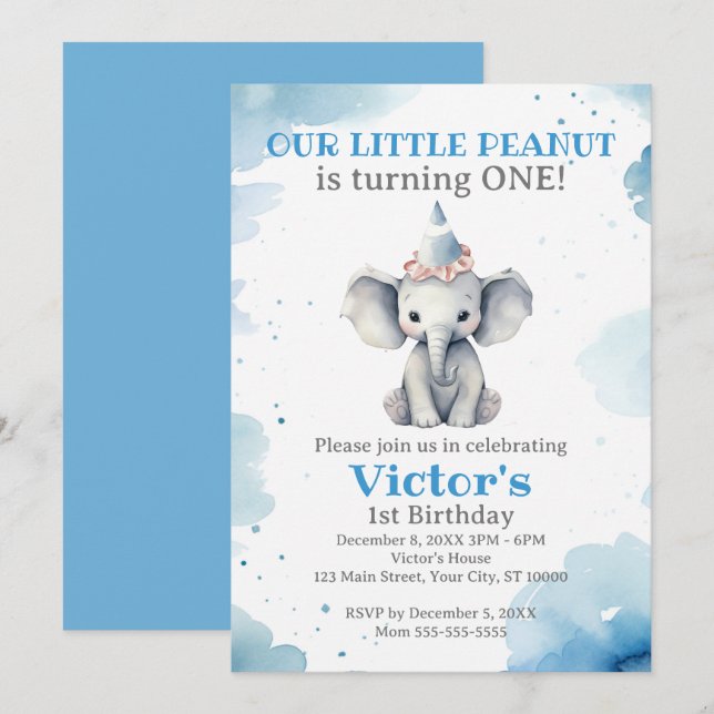 Invitación Primer cumpleaños de Little Elephant (Anverso / Reverso)