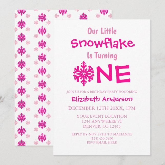 Invitación Primer cumpleaños de Little Snowflake (Anverso / Reverso)