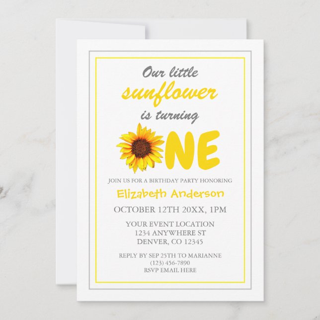 Invitación Primer cumpleaños de Little Sunflower (Anverso)