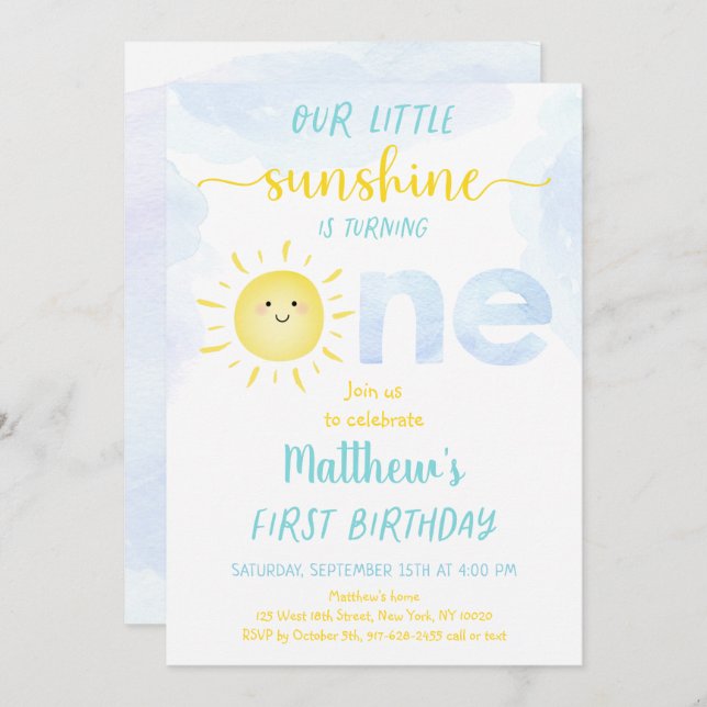 Invitación Primer cumpleaños de Little Sunshine Boy (Anverso / Reverso)