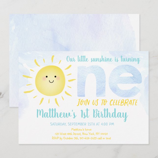 Invitación Primer cumpleaños de Little Sunshine Boy (Anverso / Reverso)
