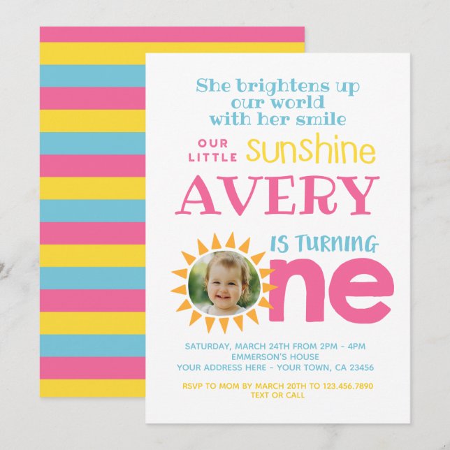 Invitación Primer cumpleaños de Little Sunshine con foto (Anverso / Reverso)
