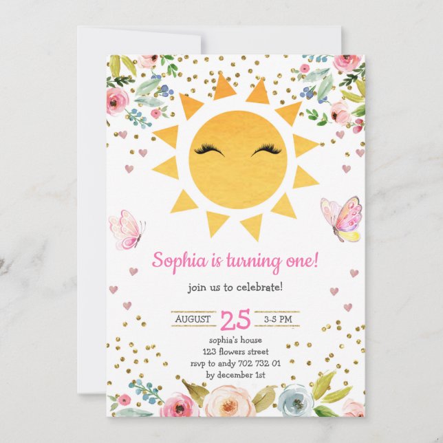 Invitación Primer cumpleaños de Little Sunshine Floral Cute C (Anverso)