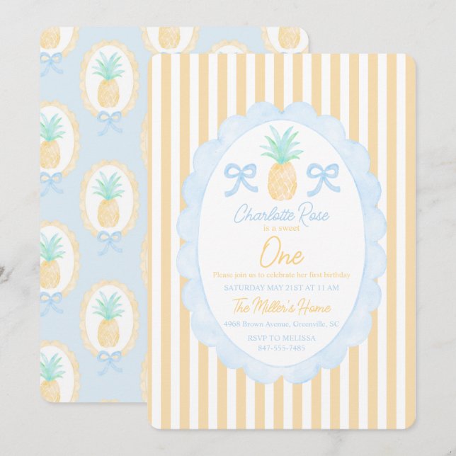Invitación Primer cumpleaños de los Chicas de la Piña de Vera (Anverso / Reverso)