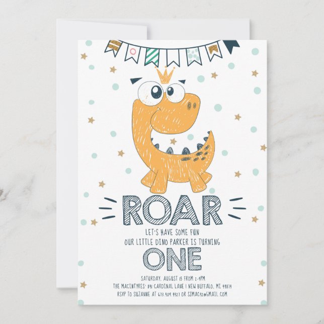 Invitación Primer cumpleaños de los dinosaurios ROAR (Anverso)