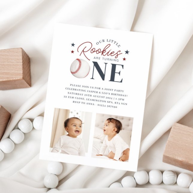 Invitación Primer cumpleaños de los gemelos Rookie - dos foto (Rookie Twins 1st Birthday - Two Photos Invitation)