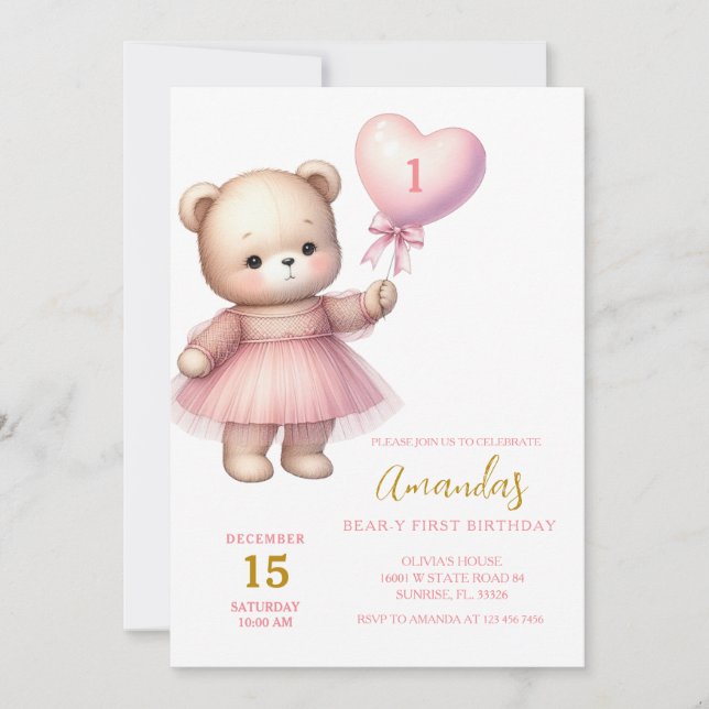 Invitación Primer cumpleaños de los globos rosados del corazó (Anverso)