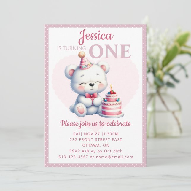 Invitación Primer cumpleaños de los niños con osito lindo (Anverso de pie)