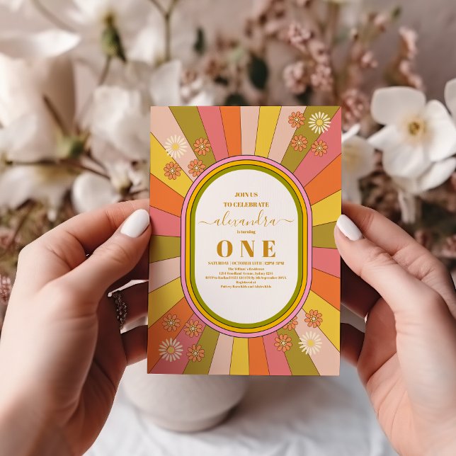 Invitación Primer cumpleaños de los retro Groovy 70 con tonos (Subido por el creador)